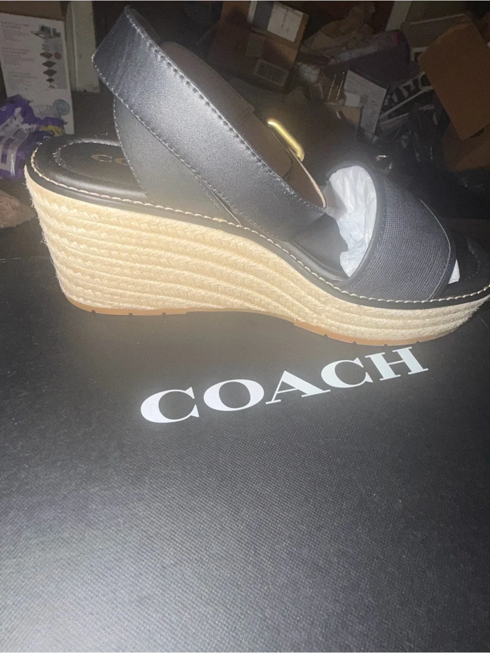 Coach Black and Tan Espadrille Wedge Sandals with Gold Buckle